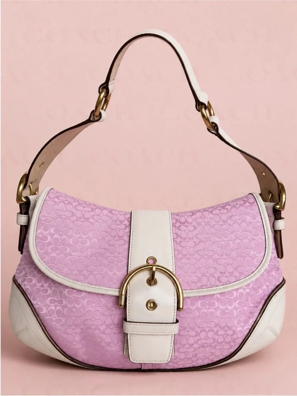 Coach Pink Jacquard Hobo Shoulder Bag with Cream Trim